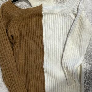 Two-Tone Ribbed Sweater - Brown and White